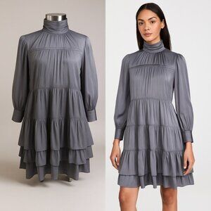 CINQ À SEPT NEW Riva Satin Plissé Tiered Turtleneck Mini Dress, Gray Size 4 $425